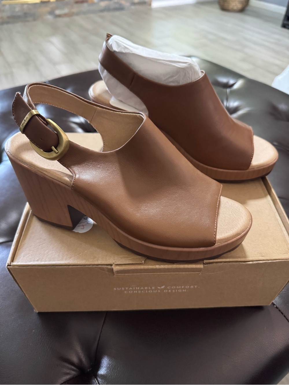 Dr. Scholl's Brown Platform Slingback Peep-Toe Block Heel Sandals